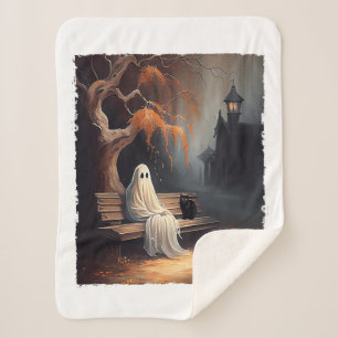Black Cat And Ghost Sitting On Bench Halloween Dar Sherpa Blanket