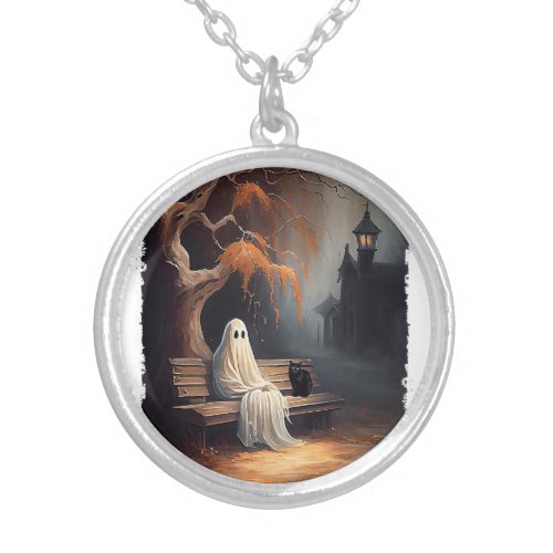 Black Cat And Ghost Sitting On Bench Halloween Dar Silver Plated Necklace