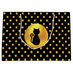 Black Cat and Gold Polka Dots Large Gift Bag
