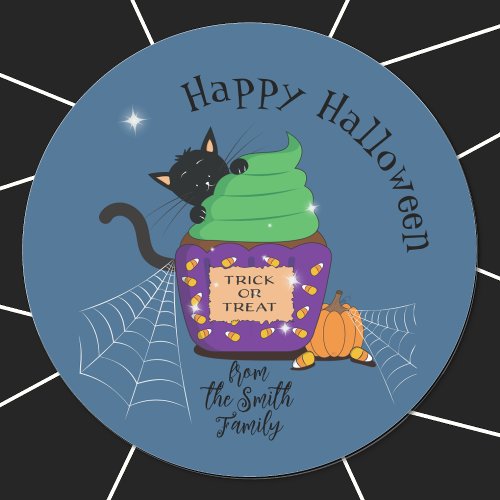 Black Cat and Halloween Cupcake Blue Stickers