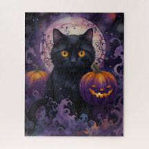 Black Cat and Halloween Pumpkins on Moonlight