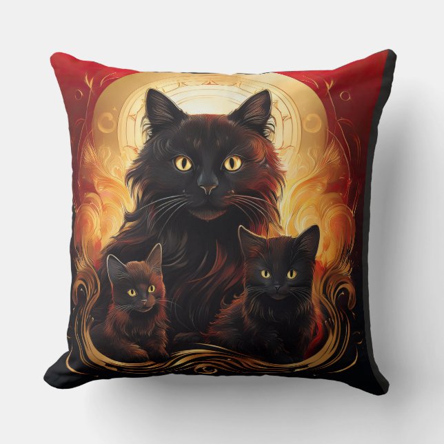 Black Cat And Her Kittens Nice Aura Throw Pillow (Front)