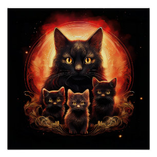 Black Cat And Her Three Kittens Poster