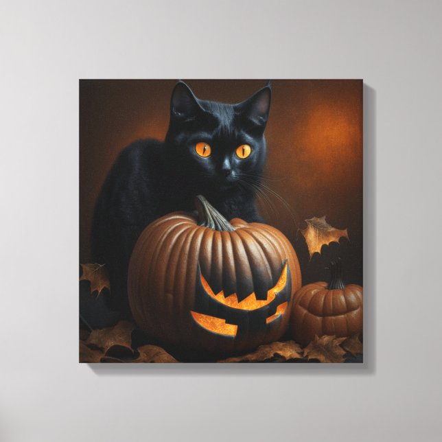 Black Cat and Jack-O-Lantern Canvas Print (Front)