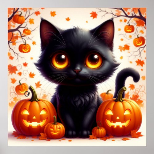 Black Cat And Jack O Lantern Fall Display  Poster