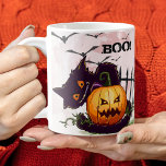 Black Cat and Jack o' Lantern Halloween Coffee Mug<br><div class="desc">Bats in the sky fly above a scared black cat and a creepy leering jack o' lantern on these fun Halloween mugs.</div>