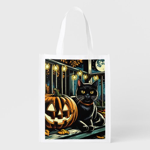 Black Cat and Jack_O_Lantern Halloween Grocery Bag