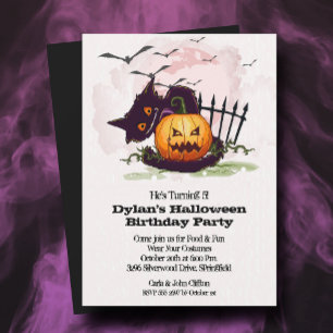 Black Cat and Jack o' Lantern Halloween Invitation