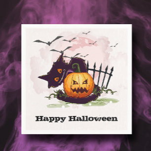 Black Cat and Jack o' Lantern Halloween Napkins