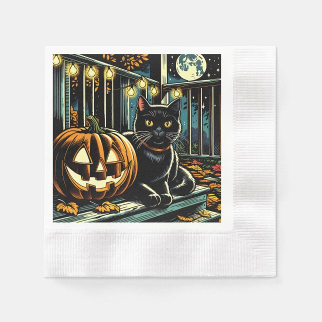 Black Cat and Jack-O-Lantern Halloween Napkins (Front)