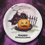 Black Cat and Jack o' Lantern Halloween Paper Plates<br><div class="desc">Bats in the sky fly above a scared black cat and a creepy leering jack o' lantern on these Happy Halloween party paper plates. Fun for Halloween parties and Halloween birthday parties. MATCHING items in our collection.</div>