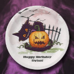 Black Cat and Jack o' Lantern Halloween Paper Plates<br><div class="desc">Bats in the sky fly above a scared black cat and a creepy leering jack o' lantern on these Halloween party paper plates. Fun for Halloween parties and Halloween birthday parties. MATCHING invitations in our collection.</div>