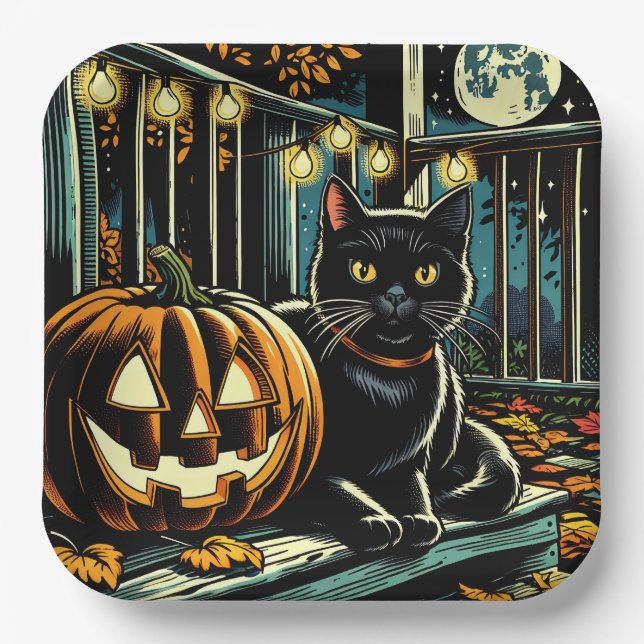 Black Cat and Jack-O-Lantern Halloween Paper Plates (Front)