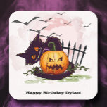 Black Cat and Jack o' Lantern Halloween Square Sticker<br><div class="desc">Bats in the sky fly above a scared black cat and a creepy leering jack o' lantern on these stickers (in 2 sizes and several styles.) Fun for Halloween parties,  Halloween birthday parties,  party favor bags and boxes and more. MATCHING invitations in our collection.</div>