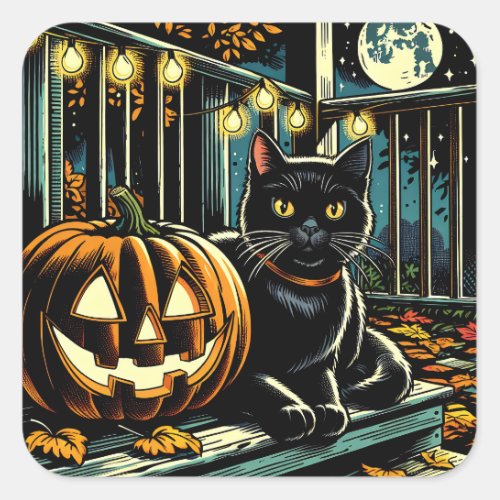 Black Cat and Jack_O_Lantern Halloween Square Sticker