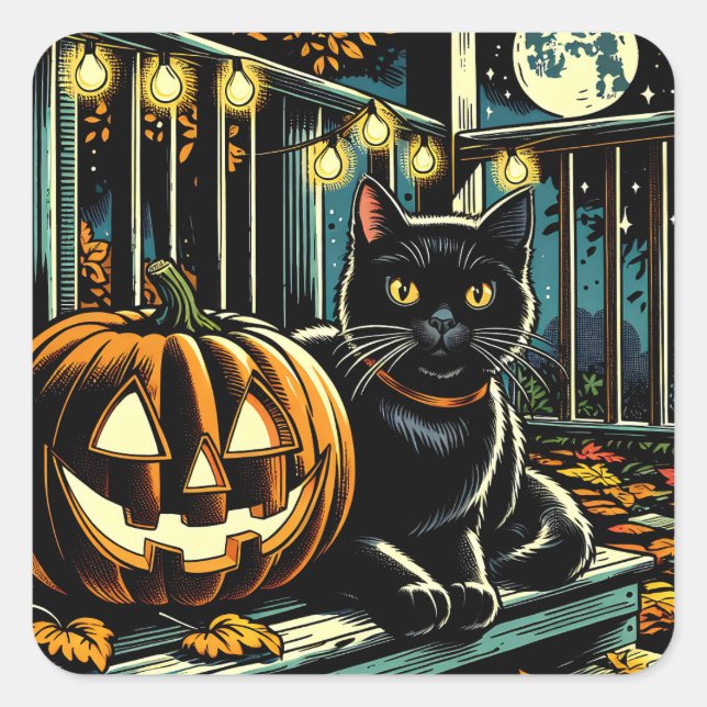 Black Cat and Jack-O-Lantern Halloween Square Sticker (Front)