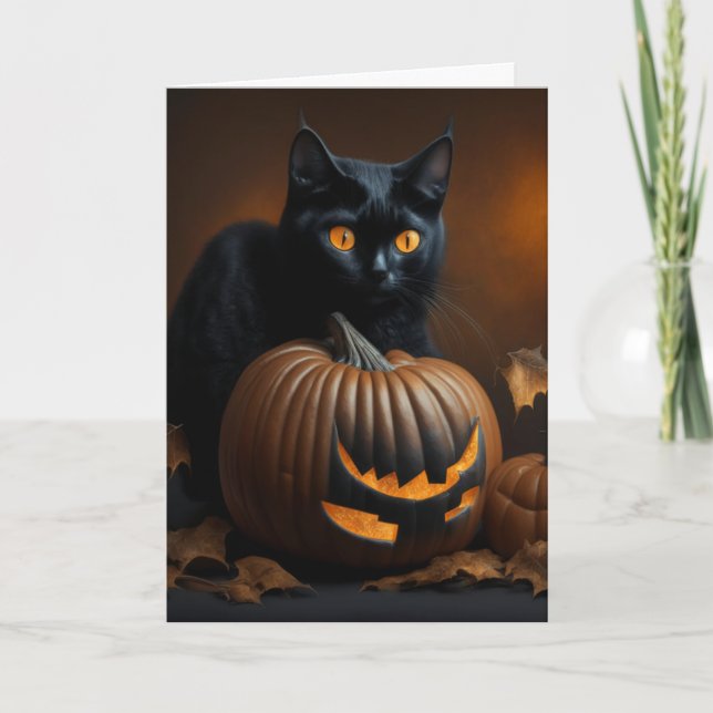 Black Cat and Jack-O-Lantern Holiday Card (Front)