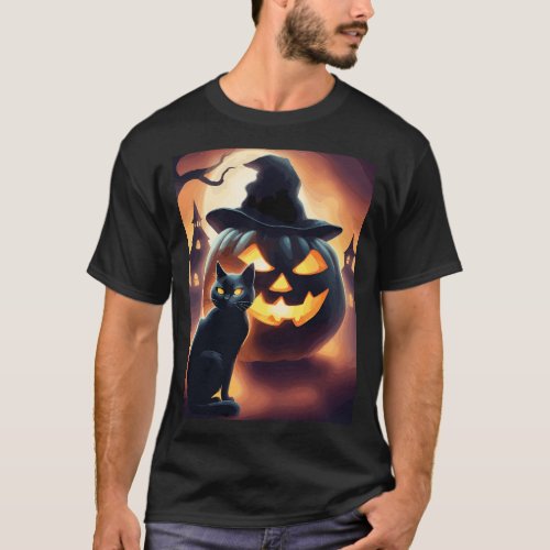 Black Cat and Jack_O_Lantern in the Witch Hat T_Shirt