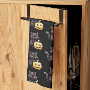 Black Cat and Jack-O' Lantern Pattern Halloween Kitchen Towel