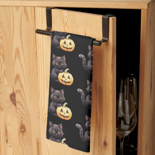 Black Cat and Jack_O Lantern Pattern Halloween Kitchen Towel