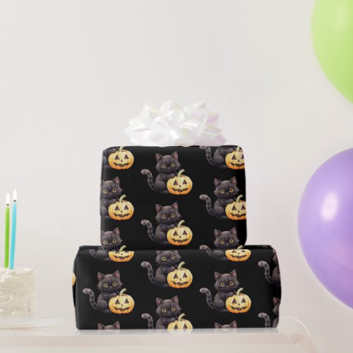 Black Cat and Jack_O Lantern Pattern Halloween Wrapping Paper