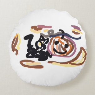 Black Cat and Jack O Lantern Smile latte Round Pillow