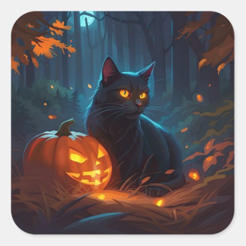 Black Cat and Jack_O_Lantern Square Sticker