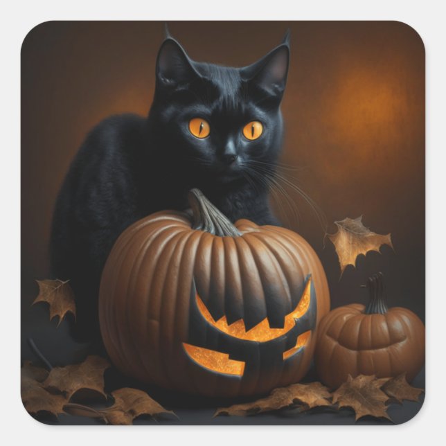 Black Cat and Jack-O-Lantern Square Sticker (Front)