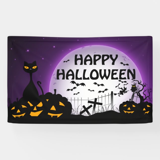 Black cat and Jack o Lanterns black and purple Banner (Horizontal)