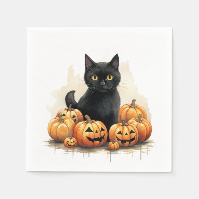Black Cat and Jack-O-Lanterns  Napkins (Front)