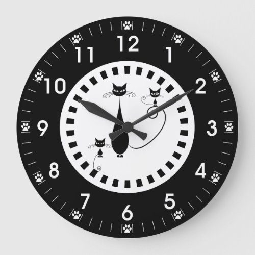 Black Cat and Kittens with Paw Prints Large Clock