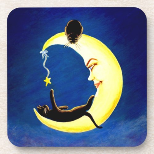 Black cat and moon corked back coaster set