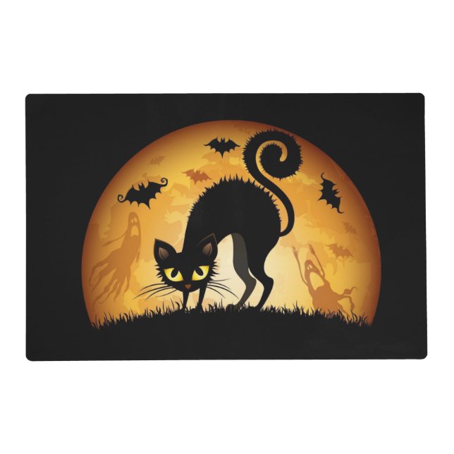 Black Cat and Moon Laminated Placemat (Front)