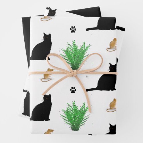 Black Cat and Mouse Pattern  Wrapping Paper Sheets