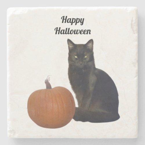 Black Cat and Orange Pumpkin Happy Halloween Stone Coaster
