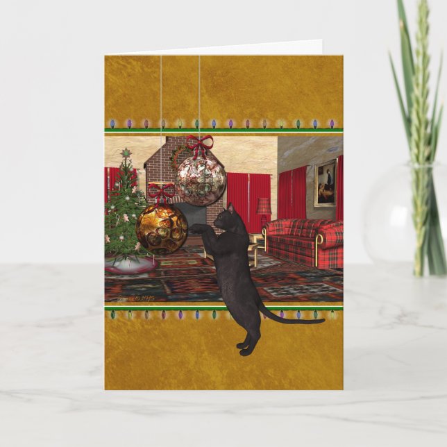 Black Cat and Ornaments - Merry Christmas Holiday Card (Front)