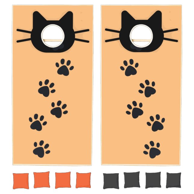 Black Cat and Paw Prints Design Cornhole Set (Set)