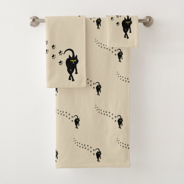 Black Cat and Pawprints Bath Towel Set (Insitu)