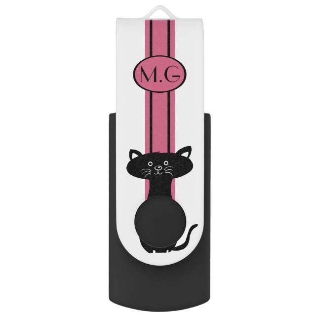 Black Cat and Pink Stripe Art Deco Monogram Flash Drive (Back (Vertical))