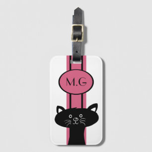 Black Cat and Pink Stripe Monogram Luggage Tag