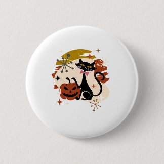 Black Cat and Pumpkin Atomic Retro Halloween Button