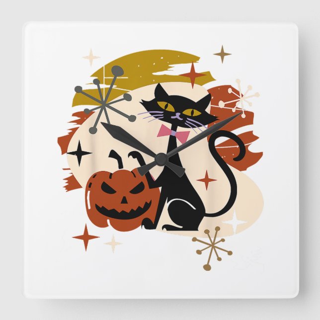 Black Cat and Pumpkin Atomic Retro Halloween Square Wall Clock (Front)