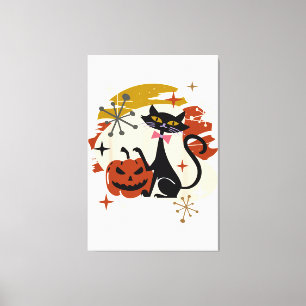 Black Cat and Pumpkin Atomic Retro Halloween T-Shi Canvas Print