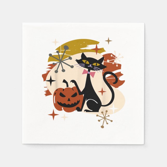 Black Cat and Pumpkin Atomic Retro Halloween T-Shi Napkins (Front)