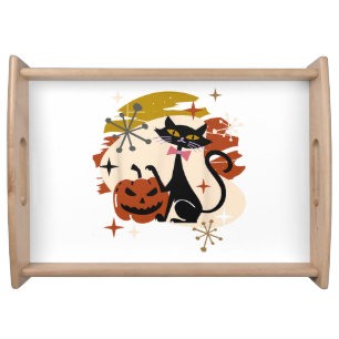 Black Cat and Pumpkin Atomic Retro Halloween T-Shi Serving Tray