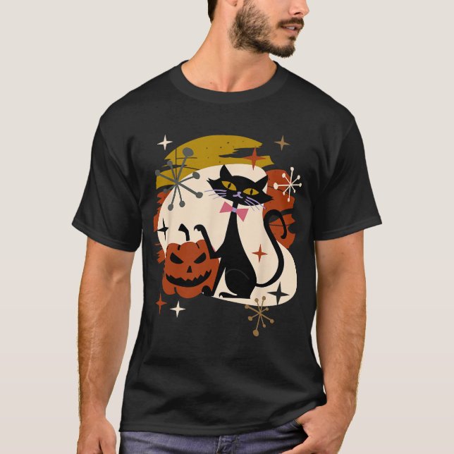 Black Cat and Pumpkin Atomic Retro Halloween T-Shi T-Shirt (Front)