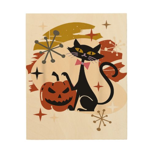 Black Cat and Pumpkin Atomic Retro Halloween T_Shi Wood Wall Art