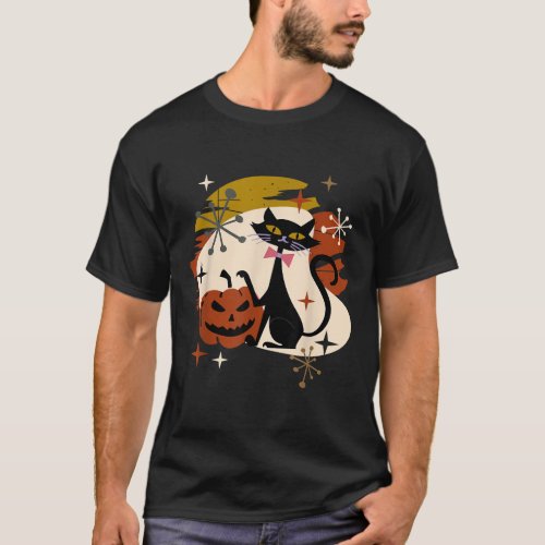 Black Cat and Pumpkin Atomic Retro Halloween  T_Shirt