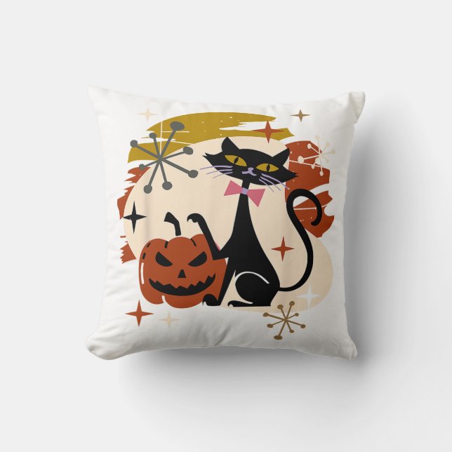 Black Cat and Pumpkin Atomic Retro Halloween Throw Pillow (Front)