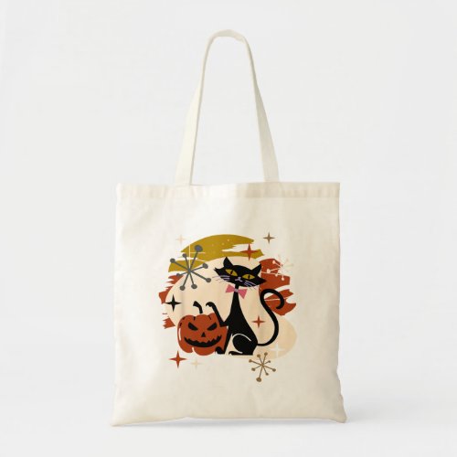 Black Cat and Pumpkin Atomic Retro Halloween Tote Bag